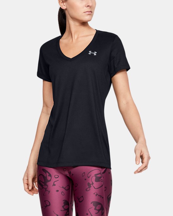 ρουχα για τρεξιμο Under Armour UA Tech™ V-Neck γυναικεια μαυρα / μεταλλικός ασημι | B8dL9bQkPFw