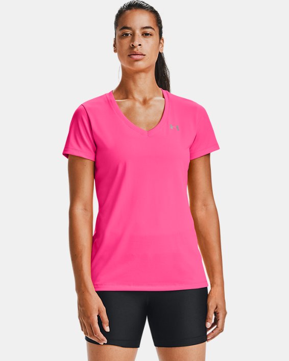 ρουχα για τρεξιμο Under Armour UA Tech™ V-Neck γυναικεια ροζ / μεταλλικός ασημι | V5KvR4AALAD