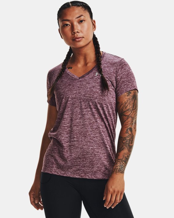ρουχα για τρεξιμο Under Armour UA Tech™ Twist V-Neck γυναικεια γκρι μωβ / μωβ ροζ | q5OyCU9UKau